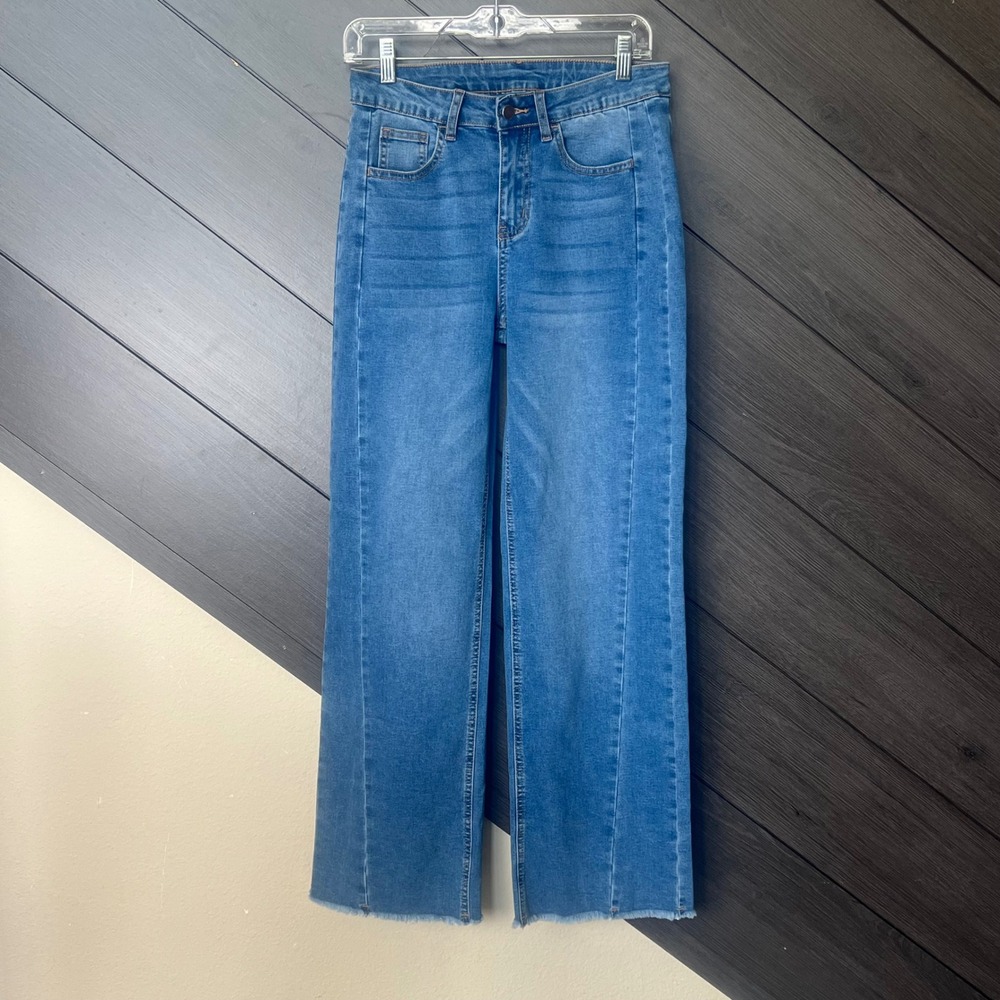 Siedfeel Women's Wide Leg Jeans High Rise Raw Hem Size 6 Blue Denim NWOT